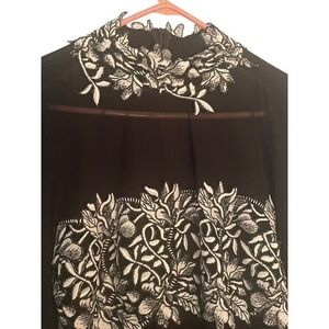Venus Floral Embroidered Top Mock Neck Long Sleeve Blouse Black Size L